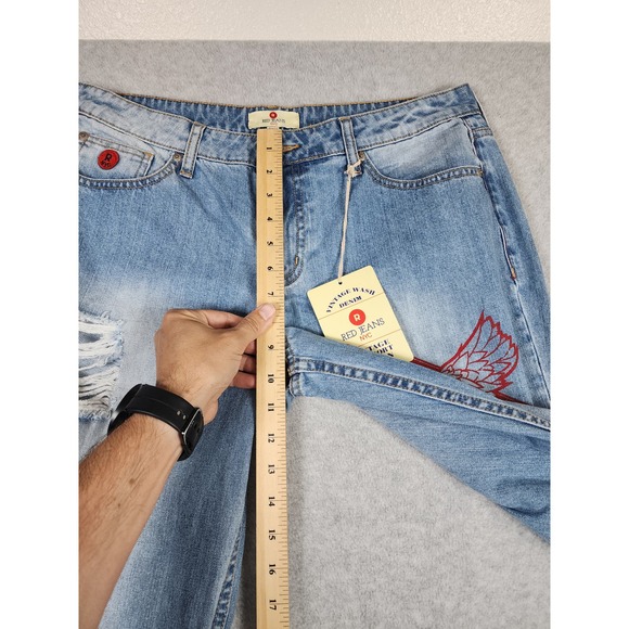 NWT Red Jeans NYC Graffiti Distressed High Waisted Denim Straight Leg Size 12 - Picture 10 of 15